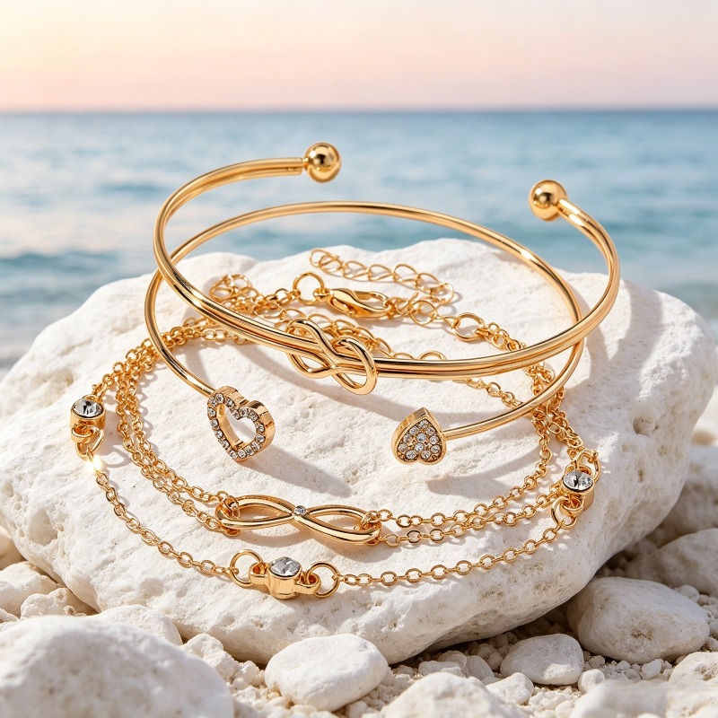 4pcs Heart Lucky 8-Letter Bracelet Open Bangle Set, Gift
